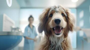 cachorro com uma grande sorrir depois de cirurgia com uma fundo médico atrás ele ai gerado foto