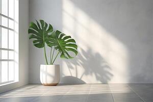 monstera folha dentro uma estúdio quarto com uma janela sombra ai gerado foto