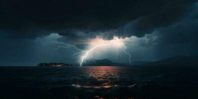 tempestade dentro oceano com iluminação natural desastre fenômeno, ai gerado foto