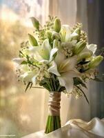 marfim Casamento ramalhete flor em borrado janela fundo. ai gerado foto