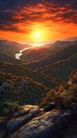 pôr do sol em montanha cena fundo plantar e rio. ai gerado foto