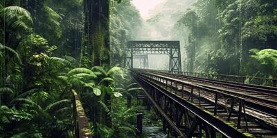 trilho estrada ponte montanha, ai gerado foto