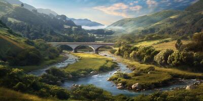 rio, montanha e ponte aéreo foto paisagem, ai gerado