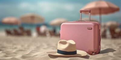 Palha chapéu e mala de viagem em de praia areia feriado fundo. ai gerado foto