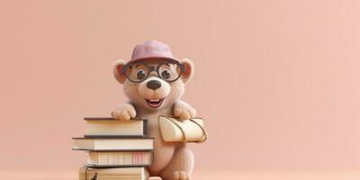 pequeno Urso vestem oculos de sol, chapéu e livro desenho animado animação, ai gerado foto