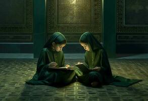 dois jovem meninas sentado baixa lendo Alcorão com pulseiras foto
