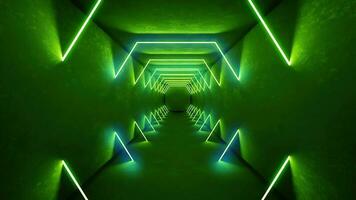 noite clube interior verde luzes 3d render para laser mostrar. brilhando verde linhas. abstrato fluorescente verde fundo. verde néon quarto corredor fundo. luz abstrato futurista Projeto. foto