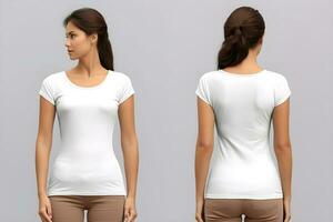 mulheres modelo vestem branco em branco t - camisa frente e costas Visualizações zombar acima. generativo ai foto