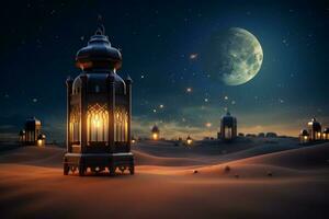 lanterna islâmico e crescente lua dentro a deserto. Ramadã kareem. generativo ai foto