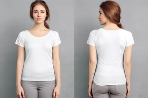 mulheres modelo vestem branco em branco t - camisa frente e costas Visualizações zombar acima. generativo ai foto