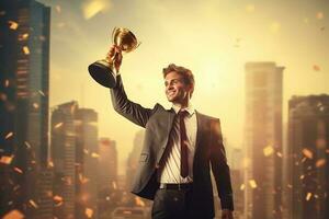 homem de negocios segurando ouro troféu. a comemorar com troféu prêmio para sucesso dentro negócios. generativo ai foto