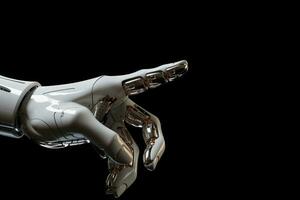 mão do branco cyborg robô apontando. generativo ai foto