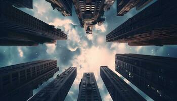 baixo ângulo Visão do moderno edifícios vidro arranha-céus generativo ai foto