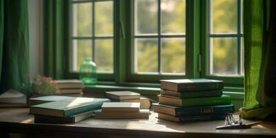 pilha do livros e janela com luz solar borrado fundo, ai gerado foto