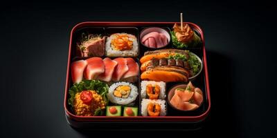 Sushi bento caixa almoço, ai gerado foto