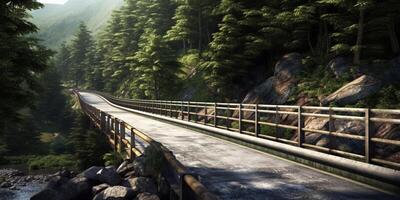 trilho estrada ponte montanha, ai gerado foto