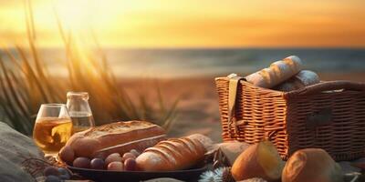 piquenique com pão em de praia areia feriado fundo. ai gerado foto