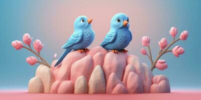 casal azul pássaro em árvore lixo animal desenho animado animação, ai gerado foto
