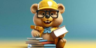 pequeno Urso vestem oculos de sol, chapéu e livro desenho animado animação, ai gerado foto