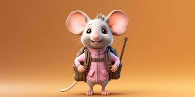 pequeno rato com mochila escola desenho animado animação, ai gerado foto