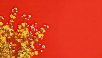 generativo ai ilustração do muitos pequeno lindo amarelo flor flores em vermelho pastel fundo com cópia de espaço. foto