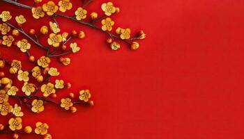 generativo ai ilustração do muitos pequeno lindo amarelo flor flores em vermelho pastel fundo com cópia de espaço. foto