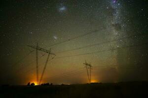 Alto Voltagem poder linha dentro uma noturno paisagem, la pampa, Patagônia, Argentina. foto