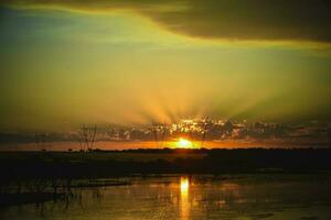 Alto Voltagem poder linha às pôr do sol, pampas, Argentina foto