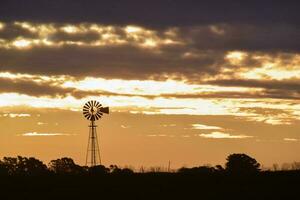 panorama com moinho de vento às pôr do sol, pampas, Patagônia, Argentina foto