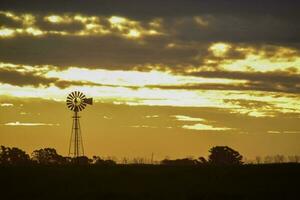 panorama com moinho de vento às pôr do sol, pampas, Patagônia, Argentina foto