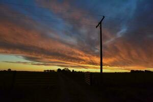 panorama com moinho de vento às pôr do sol, pampas, Patagônia, Argentina foto