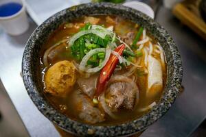 vietnamita picante carne macarrão sopa - pão bo matiz - vietnamita cozinha foto