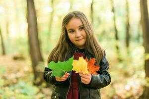 ásia criança menina rindo e jogando dentro a outono em a natureza andar ao ar livre foto