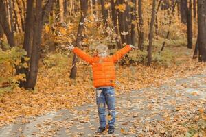 Garoto lança acima caído folhas em uma fundo do outono panorama. infância, outono e natureza conceito. foto