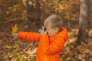 Garoto com retro Câmera levando As fotos ao ar livre dentro outono natureza. lazer e fotógrafos conceito