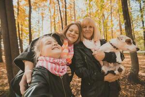 três gerações do mulheres e cachorro sentir Diversão Veja às Câmera posando para auto-retrato cenário junto, engraçado animado criança, mãe e avó ter Diversão apreciar final de semana levar selfie em gadget dentro outono foto