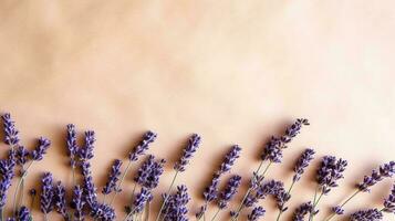 grupo do lavanda flores lavanda seco roxa flores mínimo plano deitar, cópia de espaço fundo. ai gerado foto