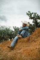 vaqueiro debaixo a grande céu, cercado de cactos, trabalhando em uma Fazenda foto