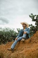 vaqueiro debaixo a grande céu, cercado de cactos, trabalhando em uma Fazenda foto