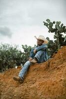 vaqueiro debaixo a grande céu, cercado de cactos, trabalhando em uma Fazenda foto