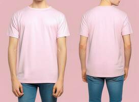 foto realista masculino Rosa Camisetas com cópia de espaço, frente, e costas visualizar. ai gerado