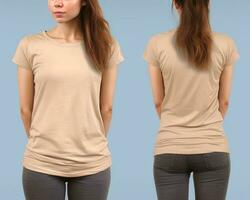 foto realista fêmea bege Camisetas com cópia de espaço, frente, e costas visualizar. ai gerado