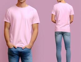 foto realista masculino Rosa Camisetas com cópia de espaço, frente, e costas visualizar. ai gerado