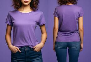 foto realista fêmea roxa Camisetas com cópia de espaço, frente, e costas visualizar. ai gerado