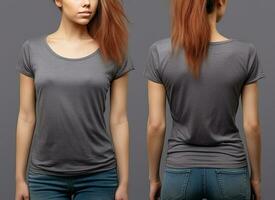 foto realista fêmea cinzento Camisetas com cópia de espaço, frente, e costas visualizar. ai gerado