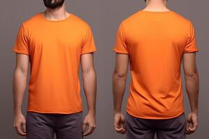 foto realista masculino laranja Camisetas com cópia de espaço, frente, e costas visualizar. ai gerado