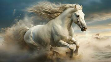 branco cavalo corrida dentro a deserto a galopando branco cavalo ai generativo foto