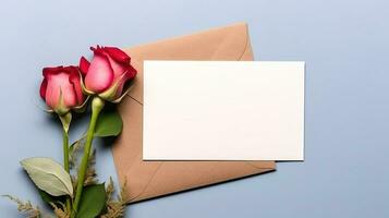 ramalhete do rosas com em branco cartão. brincar convite em branco cumprimento cartão e flores ai gerado foto