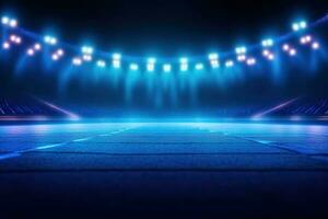 luz trilhas em uma estádio. abstrato azul néon estádio fundo. ai gerado foto