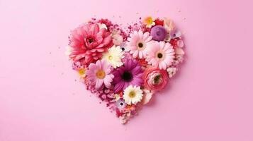 Rosa coração fez do flores coração forma fez do Primavera flores em Rosa pastel fundo. ai gerado foto
